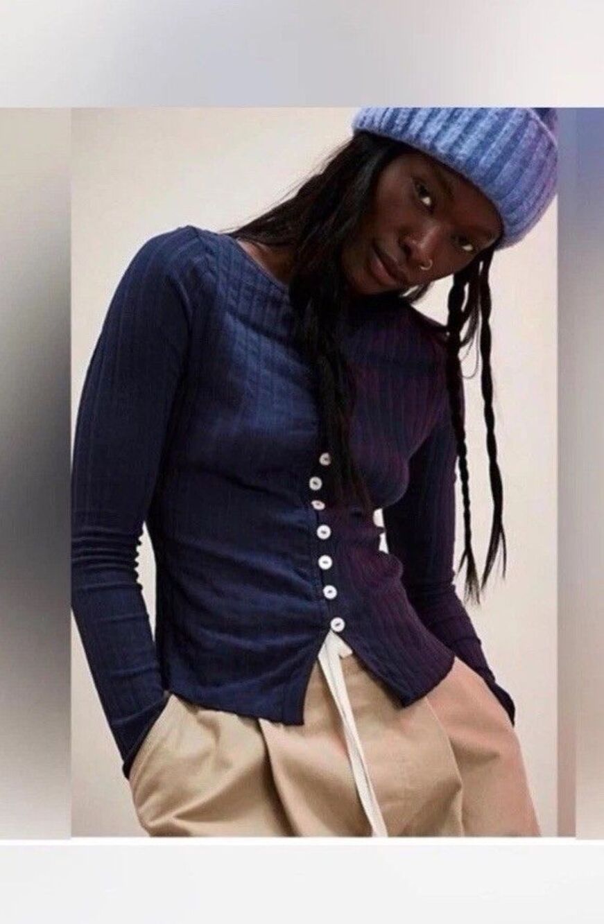 Free People Tilly Long-Sleeve Cardi Blouse Top Knit Ribbed Buttondown Navy XS
